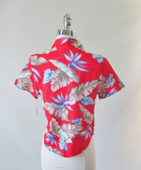 Vintage 80's Red Rayon Hawaiian Flower Top Blouse NOS M - Bombshell Bettys Vintage