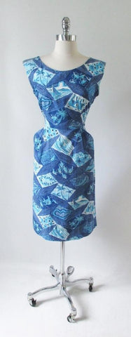 Vintage Early 50's Surfriders Blue Fish Palm Tree Hawaiian Sheath Day Dress M