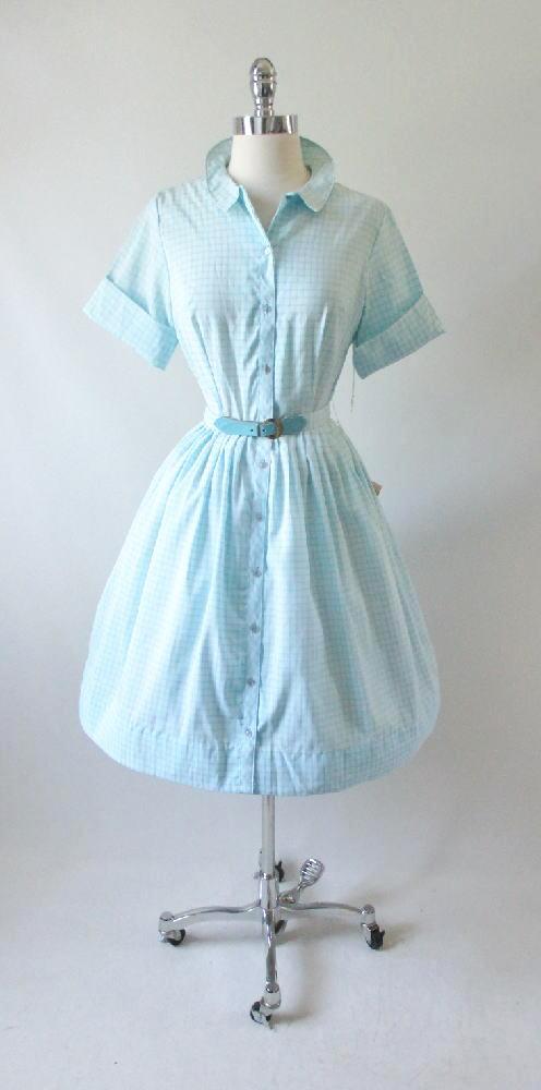 • Vintage 50's 60's Blue Square Full Skirt Shirtwaist Day Dress NOS - Bombshell Bettys Vintage