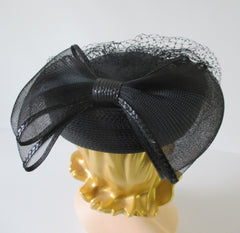 Vintage 80's Black Straw Pillbox Hat Big Bow Netted Veil - Bombshell Bettys Vintage