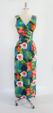 • Vintage 60's Kamehameha Man-Killer Hawaiian Evening Gown Wiggle Dress XS