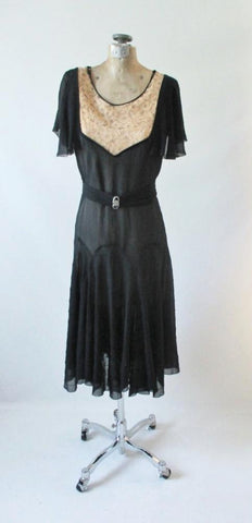 Vintage 20's  Black Chiffon and Natural / Ecru Lace Flapper Dress