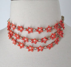 Vintage 50's 60's Red - Orange Thermoplastic / Celluloid Flower Rhinestone Bib Choker Necklace - Bombshell Bettys Vintage