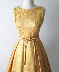 Vintage 60's Gold Damask Satin Full Skirt Party Dress M - Bombshell Bettys Vintage