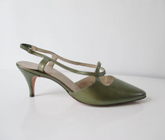 Vintage 60's Pearl Green Leather Slingback Heels Shoes 8.5 - Bombshell Bettys Vintage