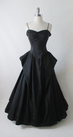 Vintage 50's Black Moire Taffeta Formal Evening Ball Gown S