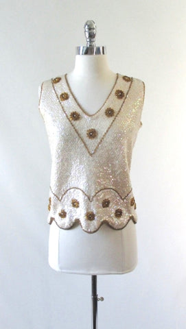 Vintage 50's 60's Sequins & Beaded Flowers Wool Tank / Shell Top M