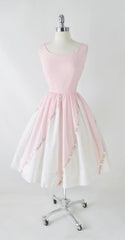 Vintage 50's Pink & White Embroidered Flower Fit & Flair Party Dress S - Bombshell Bettys Vintage