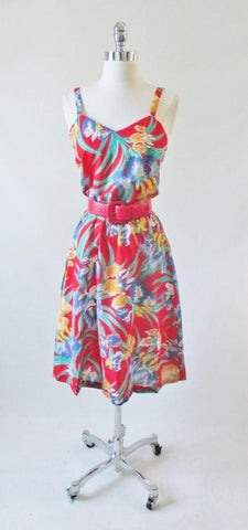 • Vintage 70's Red Tropical Hawaiian Style Summer Dress New Vintage S