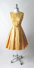 Vintage 60's Gold Damask Satin Full Skirt Party Dress M - Bombshell Bettys Vintage