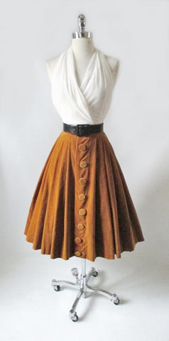 Vintage 50's 60's Gold Velvet Full Flared Swing Skirt XS