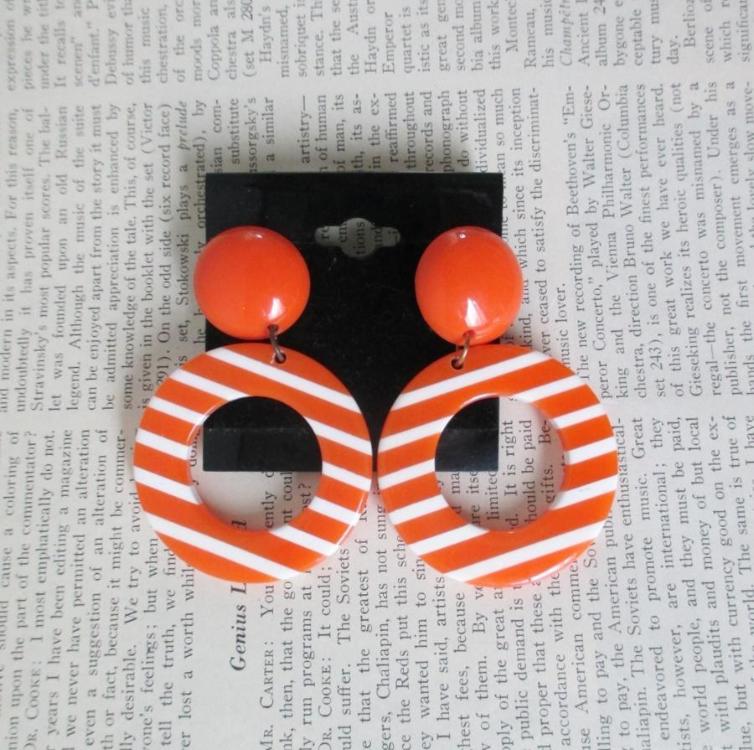 Vintage 80's Big Orange White Stripe Lucite Dangle Circle Earrings - Bombshell Bettys Vintage