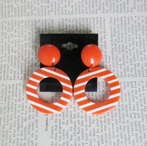 Vintage 80's Big Orange White Stripe Lucite Dangle Circle Earrings