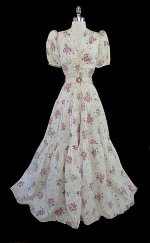 z Vintage 40's Romantic Floral Taffeta Evening Gown House Dress S