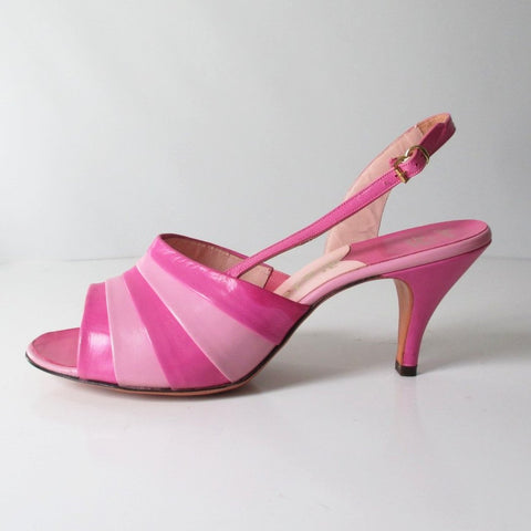 Vintage 50's 60's Pink Striped Slingback Heels Shoes 9 1/2 N
