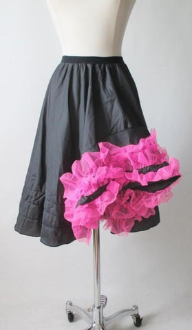 Vintage 50's 60's Dark Grey Pink Ruffle Can Can Petticoat Crinoline Slip