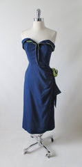 Vintage 50's Navy Blue Chartreuse Roses Strapless Sheath Dress & Wrap M - Bombshell Bettys Vintage