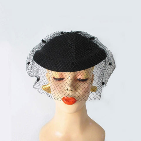 Vintage 40's Style Black Bow Veil Wool Hat