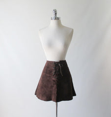 Vintage 60's 70's Brown Suede Leather Lace Front Mini Skirt M - Bombshell Bettys Vintage