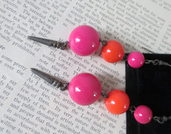 Vintage 80's Big Pink Orange Sphere Dangle New Wave Glam Earrings - Bombshell Bettys Vintage