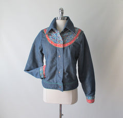 Vintage 70's Womens Levis Denim Calico Patchwork Ski Jacket Coat L - Bombshell Bettys Vintage