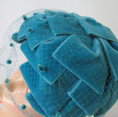 Vintage 50's Teal Blue Velvet Veil Bow Hat & Original Box - Bombshell Bettys Vintage