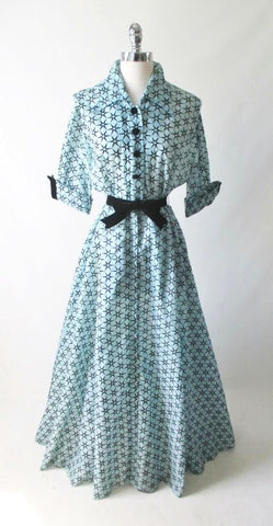 Vintage 50's Sheer Blue Flocked Sarburst Hostess Gown Dressing Robe L