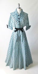 Vintage 50's Sheer Blue Flocked Sarburst Hostess Gown Dressing Robe L - Bombshell Bettys Vintage