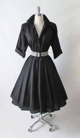 • Vintage 80's Black White Stripe Belt American Shirt Dress M