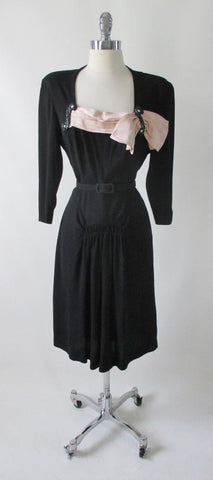 Vintage 40's Black Beaded & Peach Satin Bow Party Dress M