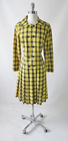 Vintage 60's Yellow Tartan Plaid Day Dress M