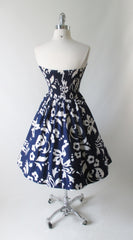 Vintage 50's 60's Blue Hawaiian White Print Full Swing Skirt Dress - Bombshell Bettys Vintage