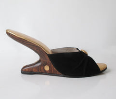 Vintage 60's Black & Gold Polka Dot Floating Cantilever Heels / Shoes 9 - Bombshell Bettys Vintage