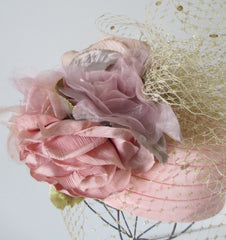 Vintage WHITTALL & SHON Pink Roses Gold Net Veil Pillbox Hat - Bombshell Bettys Vintage