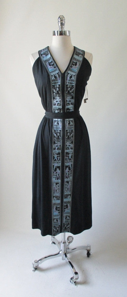 Vintage 70's Alfred Shaheen Black Egyptian Revival Hawaiian Day Dress New 1X 18 - Bombshell Bettys Vintage