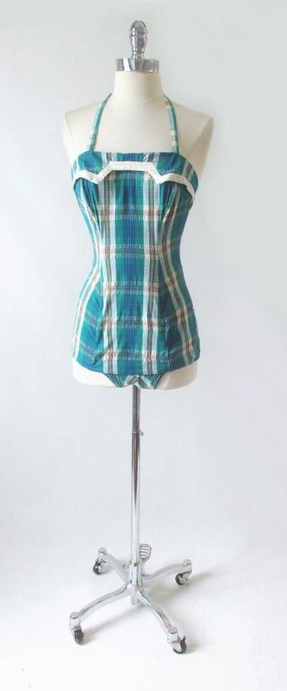 Vintage 50's Rose Marie Ried Turquoise Plaid One Piece Swimsut S - Bombshell Bettys Vintage