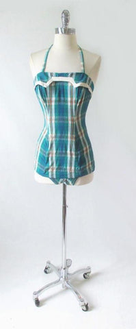 Vintage 50's Rose Marie Ried Turquoise Plaid One Piece Swimsut S