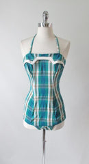 Vintage 50's Rose Marie Ried Turquoise Plaid One Piece Swimsut S - Bombshell Bettys Vintage