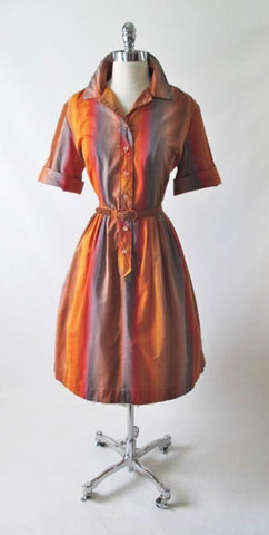 Vintage 60's 50's Ombre Stripe Shirtwaist Full Skirt Day Dress M