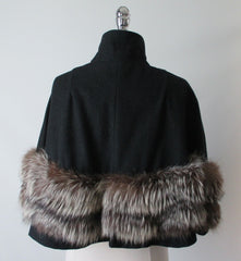 Vintage 40's 50's Black Wool Fox Fur Wrap Cape Shawl One Size - Bombshell Bettys Vintage