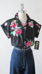 Vintage 70's 80's Black Hawaiian Rayon Blouse Top Pink Orchids NOS L - Bombshell Bettys Vintage