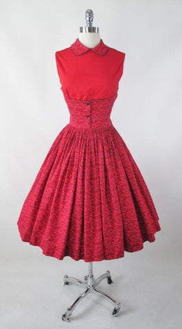 Vintage 50's Red Floral Full Skirt Day Dress M