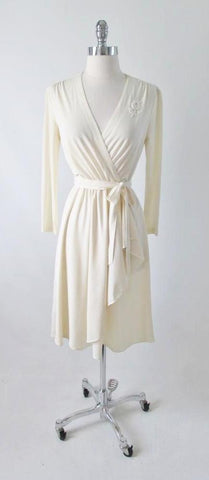 Vintage 70's 40's Style Cream Crepe Long Sleeve Day Dress M