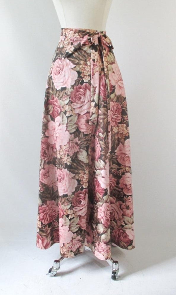 Vintage 70's Wrap Around Pink Roses Maxi Skirt L / M - Bombshell Bettys Vintage