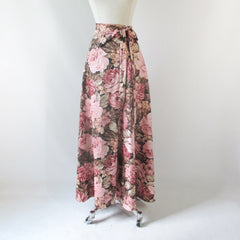 Vintage 70's Wrap Around Pink Roses Maxi Skirt L / M - Bombshell Bettys Vintage