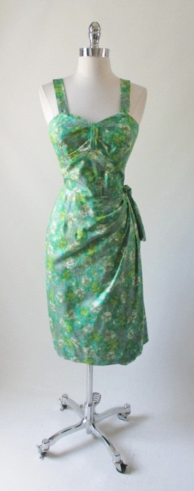 • Vintage 50's 60's Mid Century Green Watercolor Sarong Culotte Shorts Dress - Bombshell Bettys Vintage