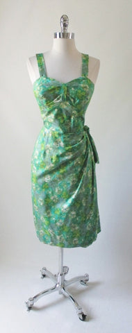 • Vintage 50's 60's Mid Century Green Watercolor Sarong Culotte Shorts Dress