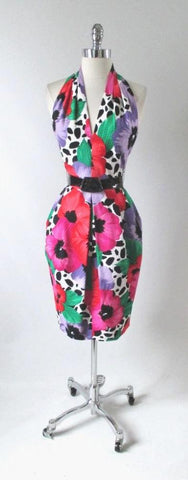 • Vintage 80's Glam Flower Halter Party Dress S