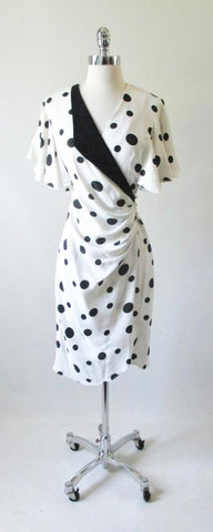 • Vintage 80's Black White Polka Dot Geometric Wrap Dress M