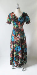 Vintage 70's Puff Sleeve Floral Chiffon Maxi Dress Party Gown - Bombshell Bettys Vintage